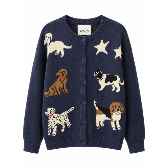 &merci Sweaters - &merci Navy Dog Print Cardigan Sweater Button Front Novelty Knit NWT